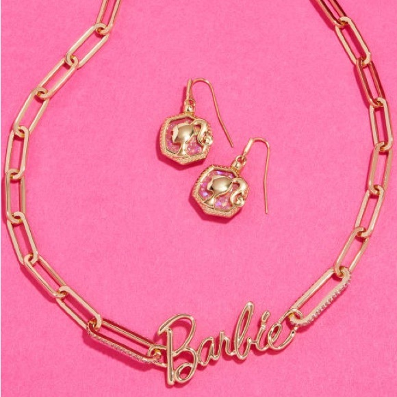 Barbie™ x Kendra Scott Gold Drop Earrings in Pink Iridescent Glitter Glass - Picture 4 of 12